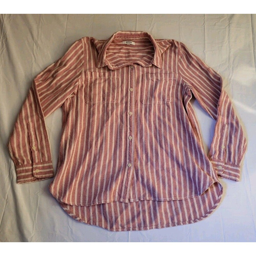 Madewell Shirt Women's Size Large Pink White Striped Flannel Long Sleeve L